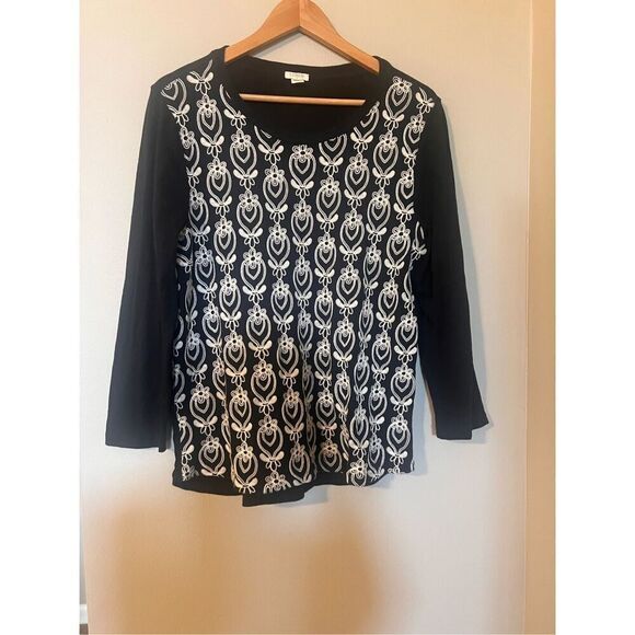 J. Crew XL Embroidered Raglan Top Black White Embroidered Florals 100% Cotton - Picture 9 of 11